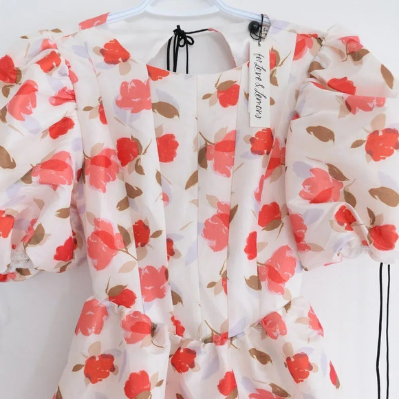 For Love & Lemons Jesse Puff Sleeve Floral  Mini Dress Cream & Red S NWT - Picture 6 of 14